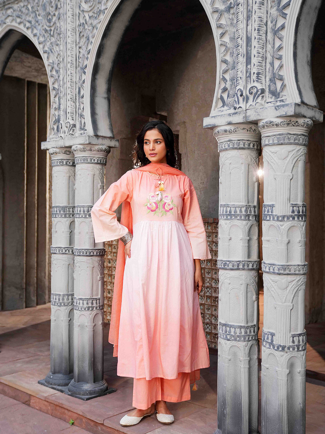 Peach Pink Embroidered Ombre Cotton Kurta Set & Dupatta