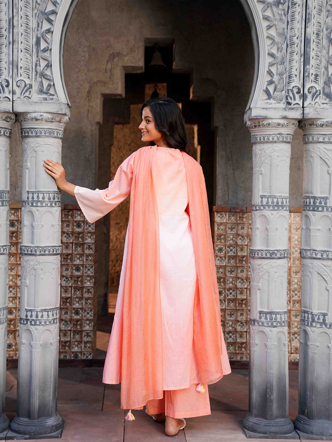Peach Pink Embroidered Ombre Cotton Kurta Set & Dupatta