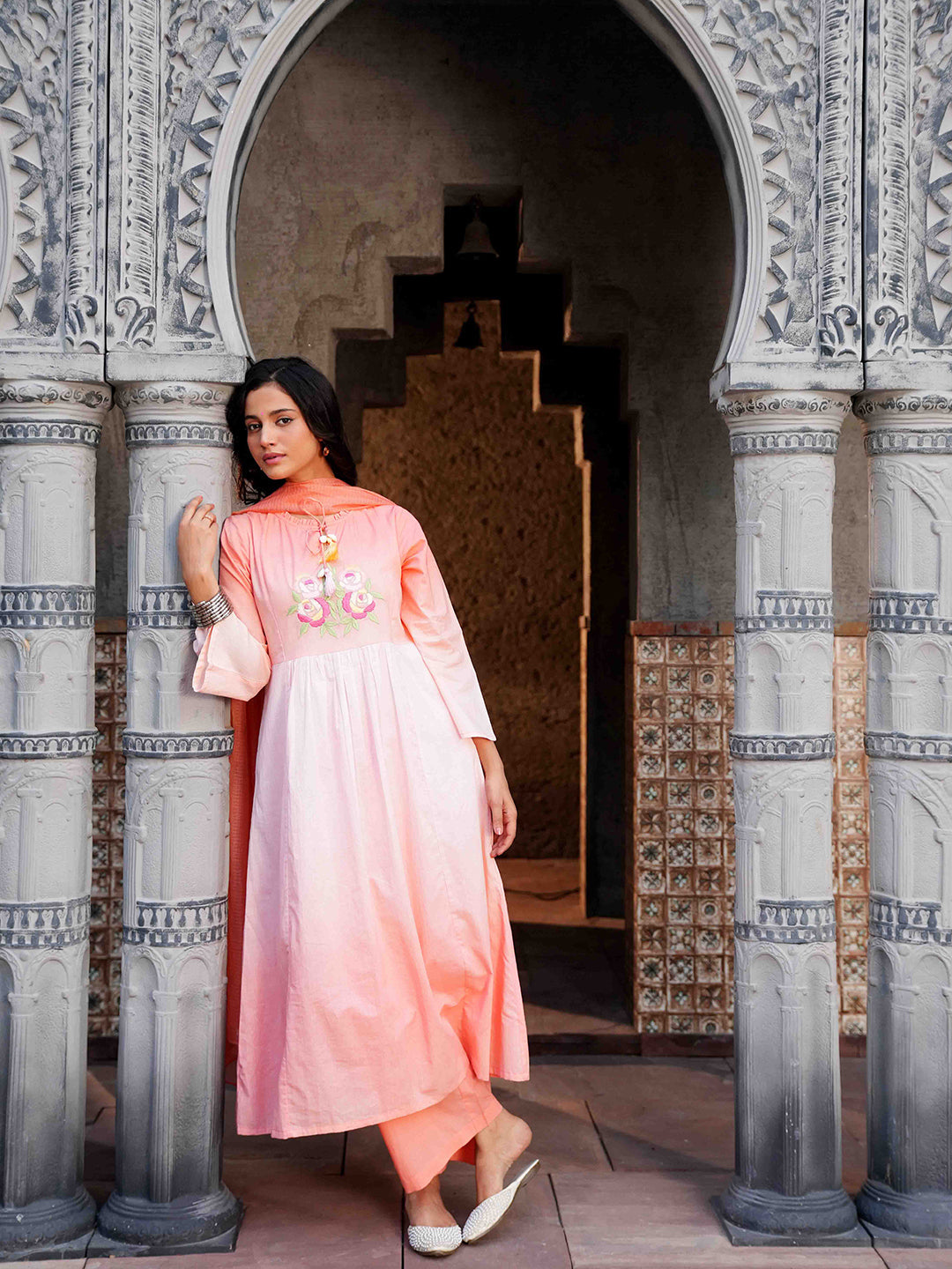Peach Pink Embroidered Ombre Cotton Kurta Set & Dupatta