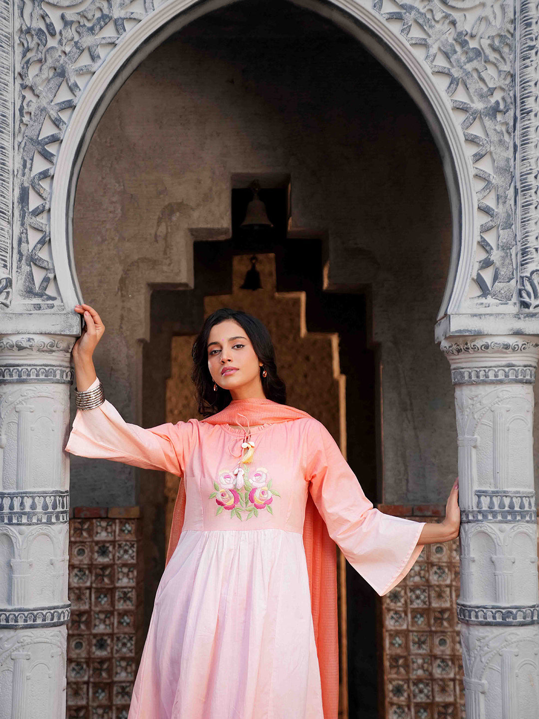 Peach Pink Embroidered Ombre Cotton Kurta Set & Dupatta