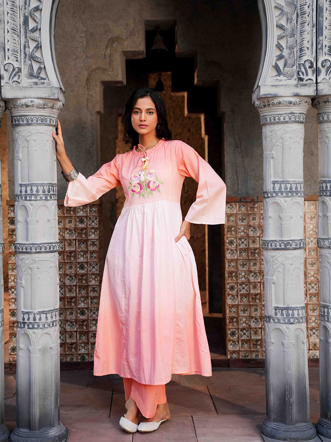Peach Pink Embroidered Ombre Cotton Kurta Set & Dupatta