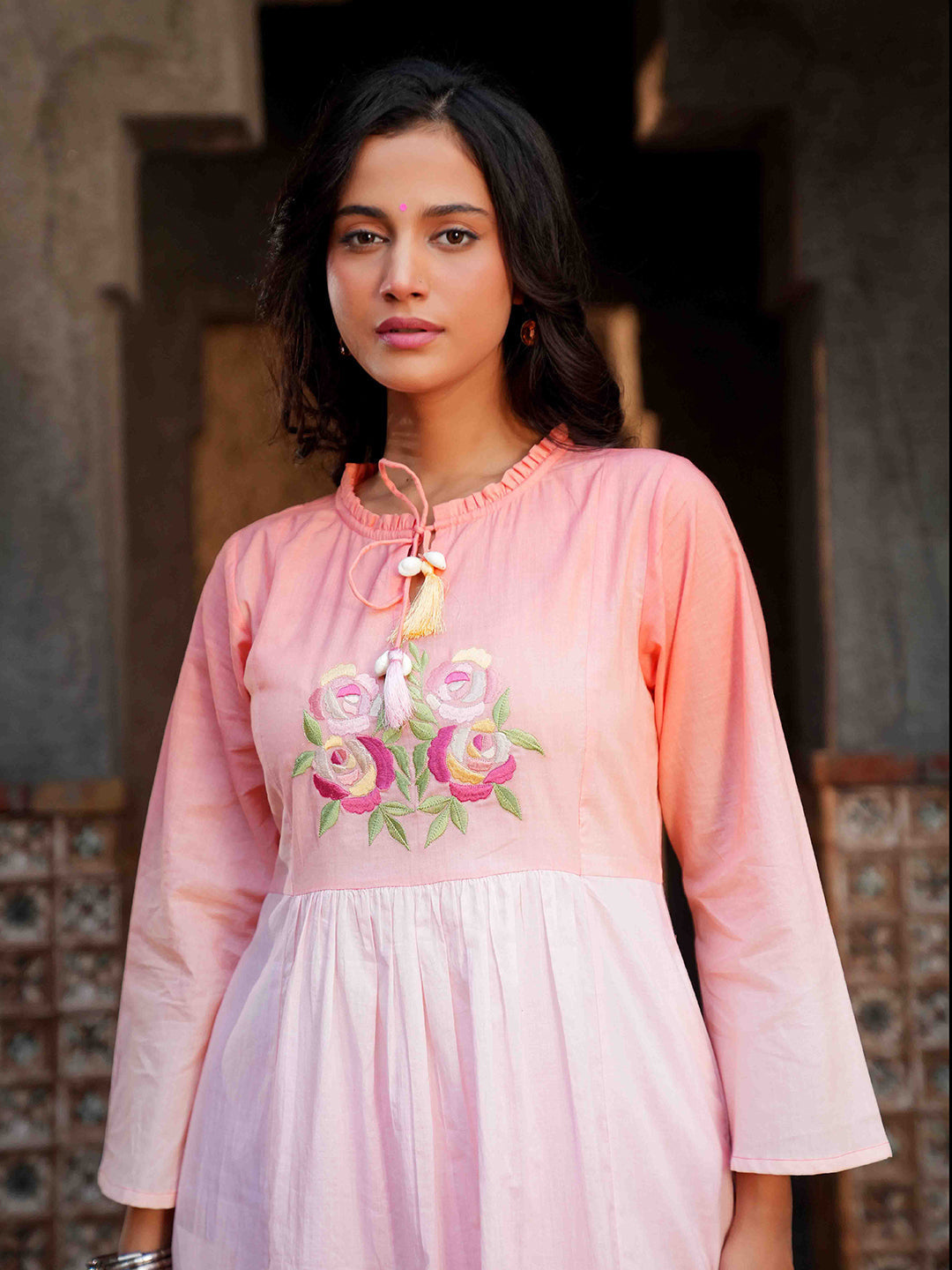 Peach Pink Embroidered Ombre Cotton Kurta Set & Dupatta