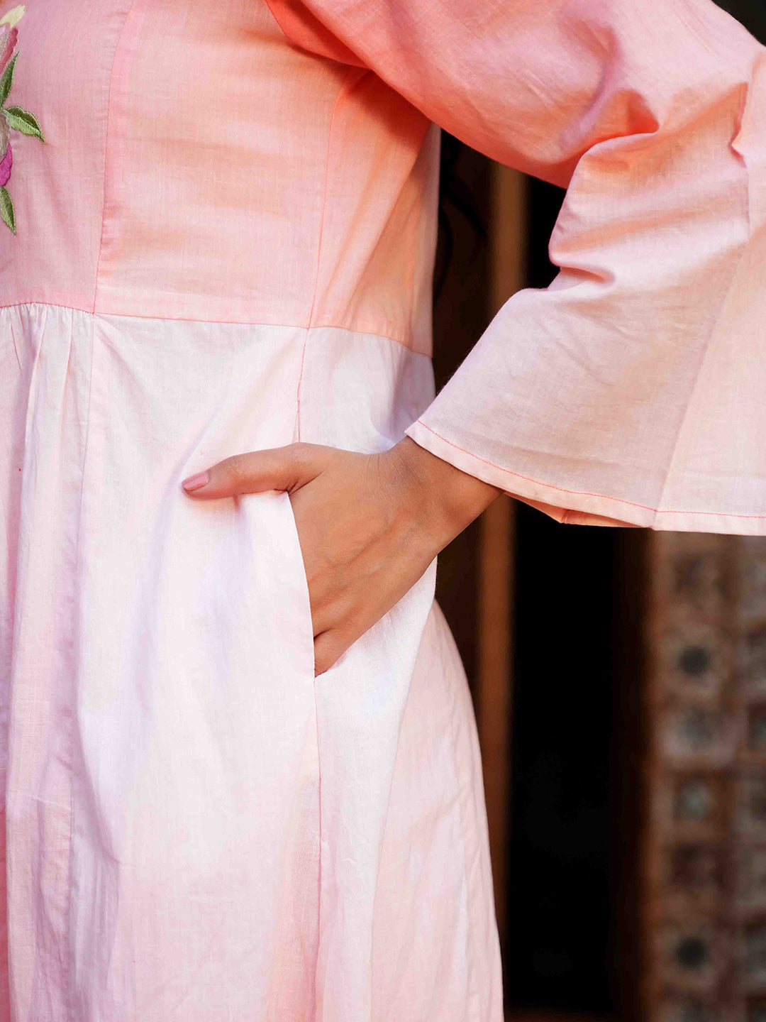 Peach Pink Embroidered Ombre Cotton Kurta Set