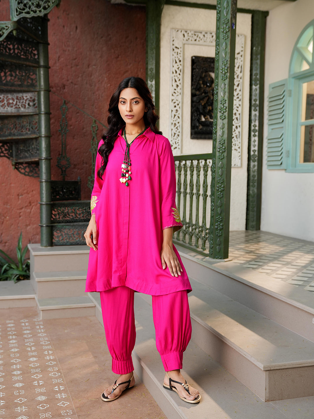 Fuchsia A-Line Embroidered Rayon Kurta Set