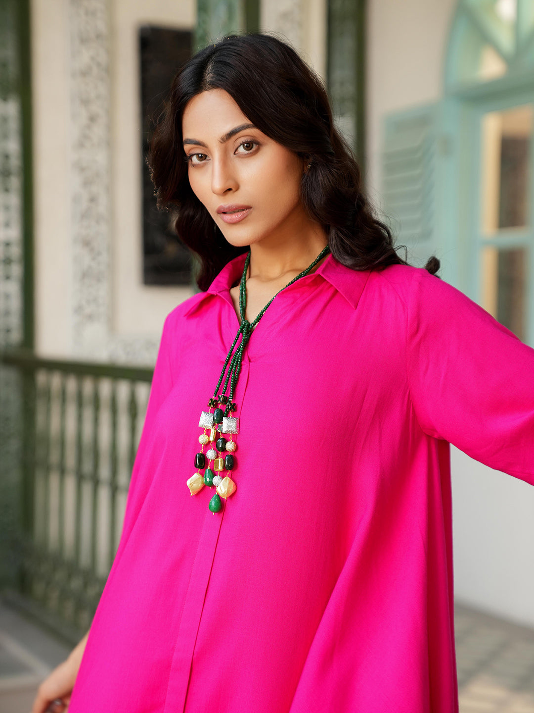 Fuchsia A-Line Embroidered Rayon Kurta Set