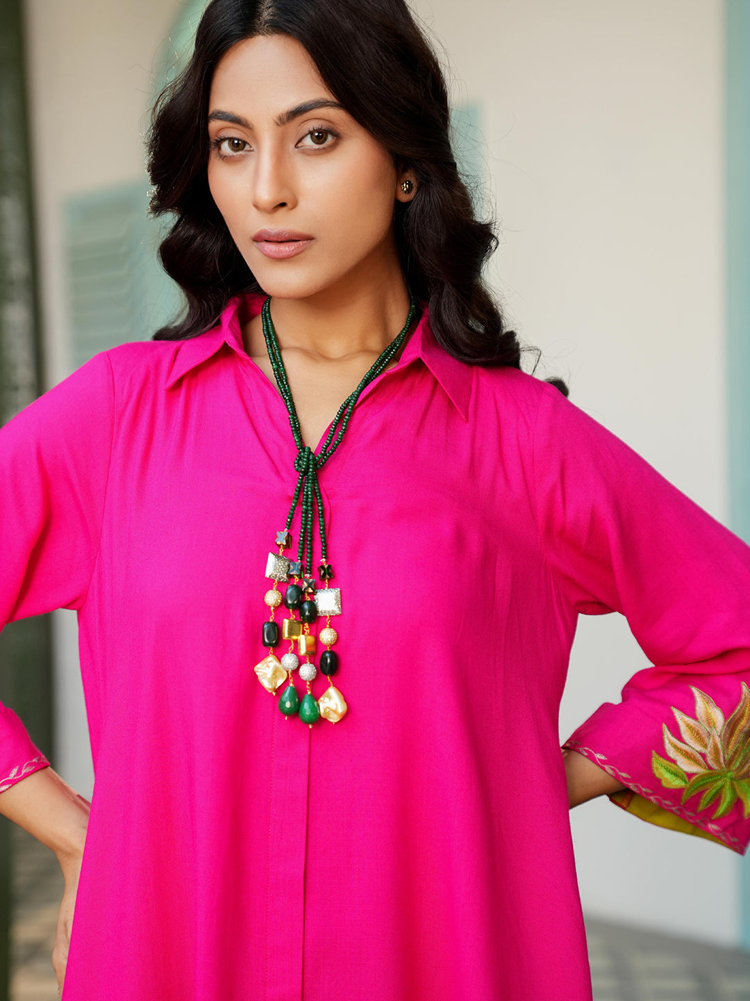 Fuchsia A-Line Embroidered Rayon Kurta Set