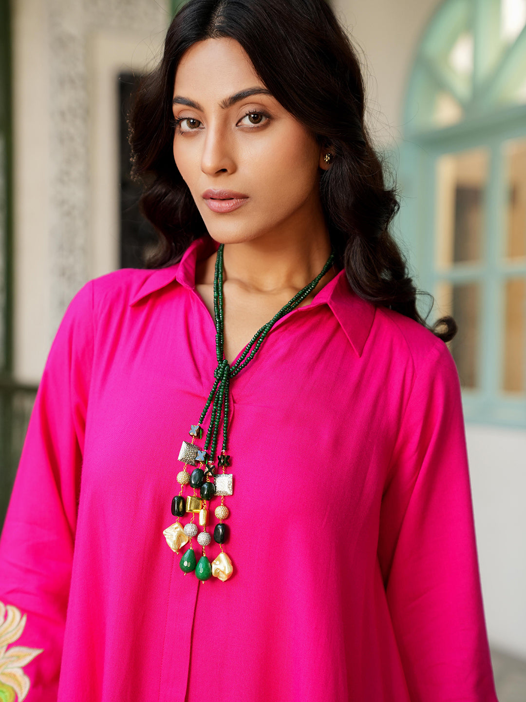 Fuchsia A-Line Embroidered Rayon Kurta Set