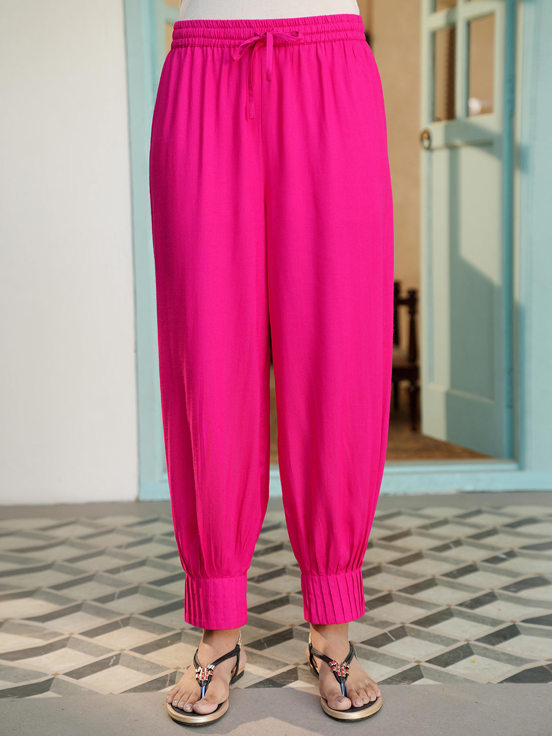 Fuchsia A-Line Embroidered Rayon Kurta Set