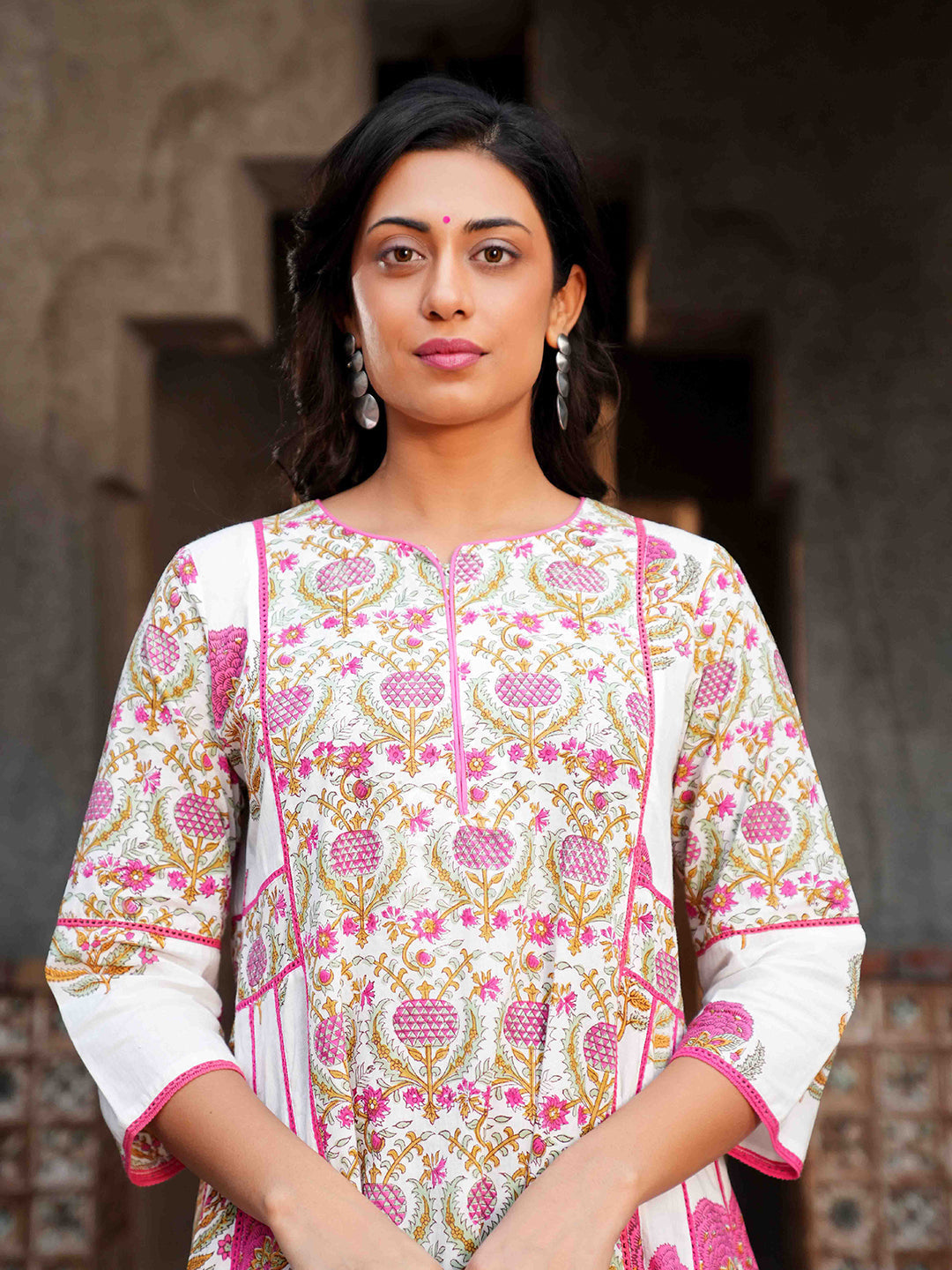 Pink Block Print Lace Detailing Cotton Kurta Set
