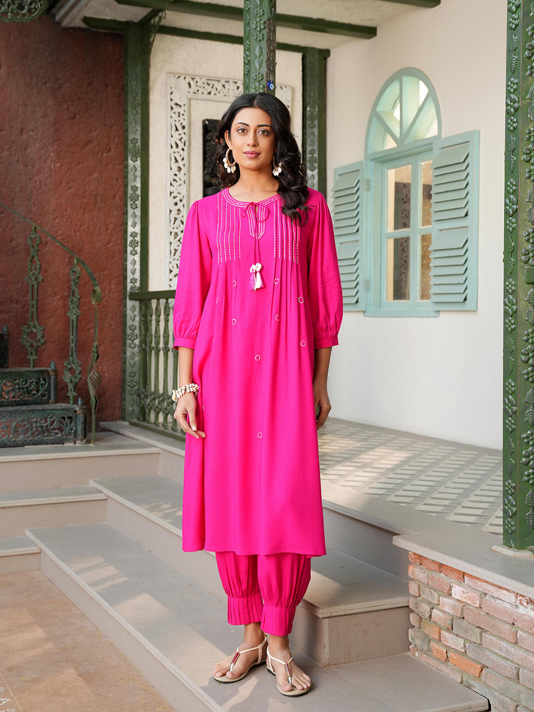 Fuchsia Rayon Pintuck Detailing Embroidered Kurta Set