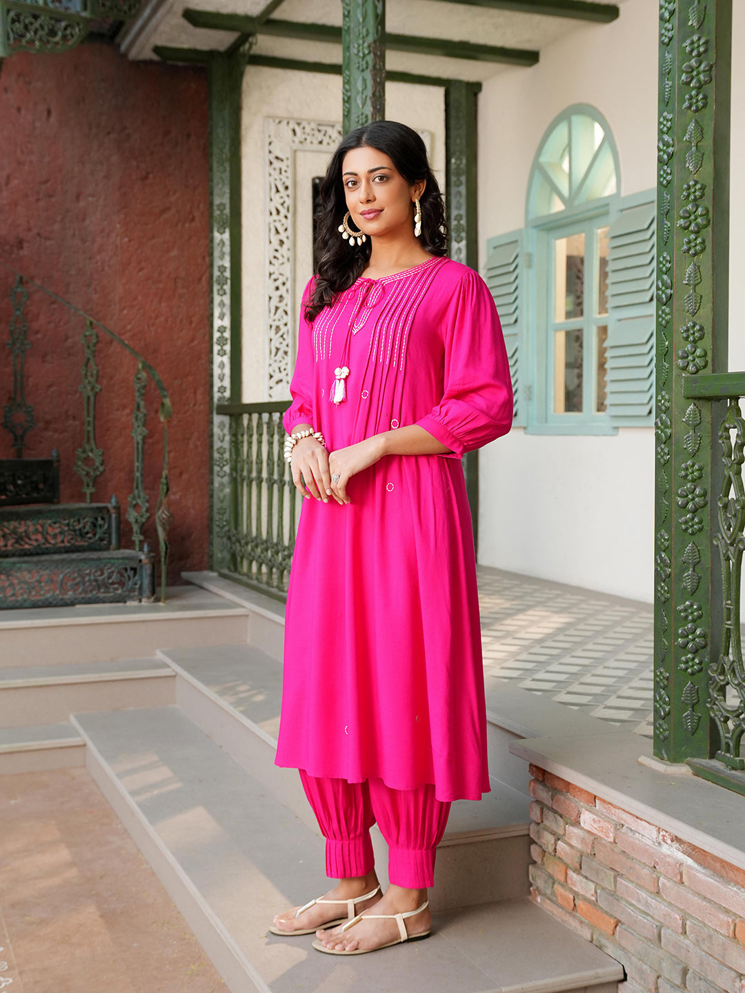Fuchsia Rayon Pintuck Detailing Embroidered Kurta Set