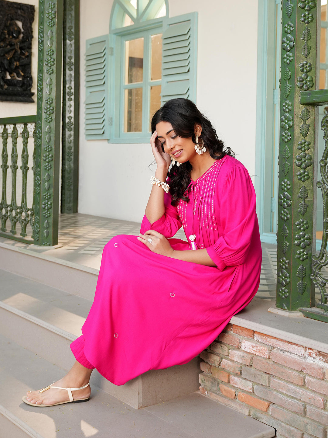 Fuchsia Rayon Pintuck Detailing Embroidered Kurta Set