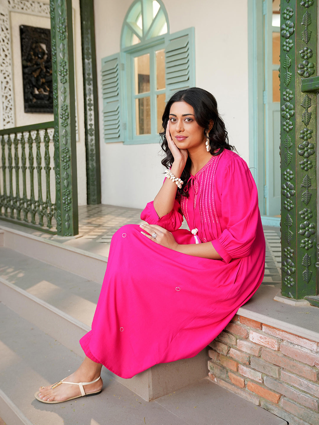 Fuchsia Rayon Pintuck Detailing Embroidered Kurta Set