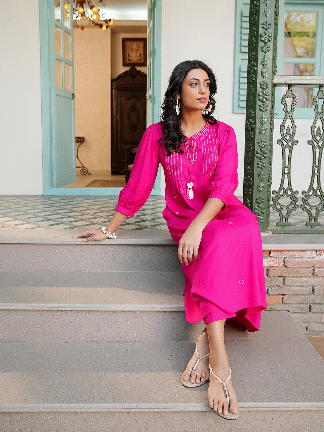 Fuchsia Rayon Pintuck Detailing Embroidered Kurta Set