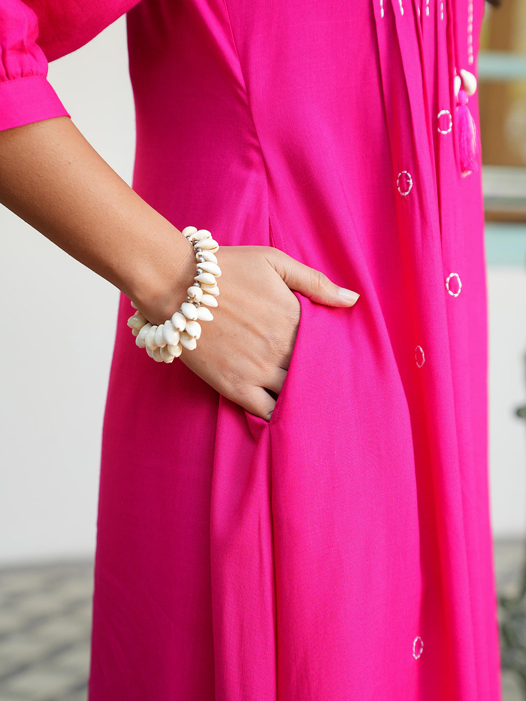 Fuchsia Rayon Pintuck Detailing Embroidered Kurta Set