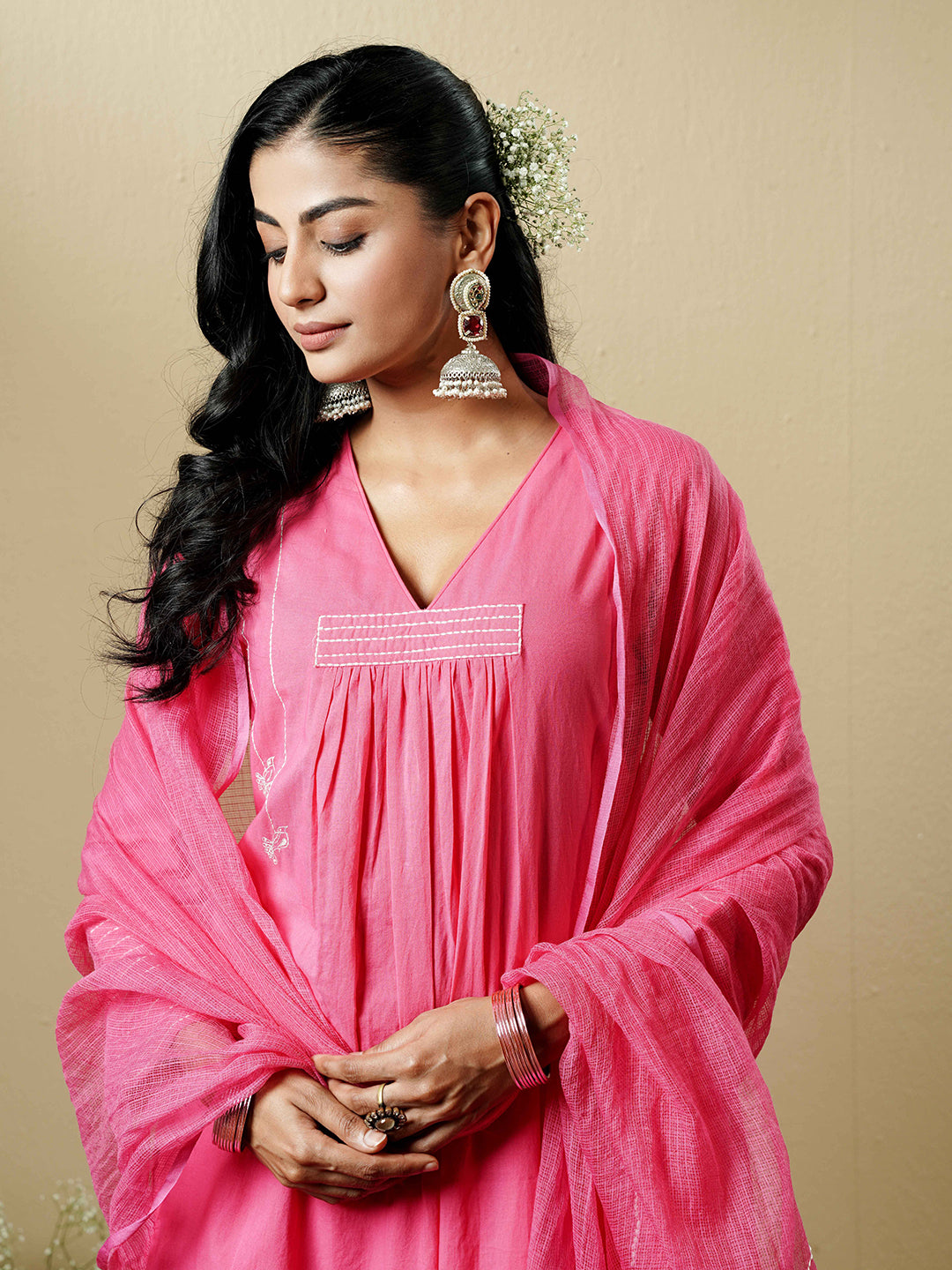 Rose Pink Kantha Embroidered Cotton Kurta Set