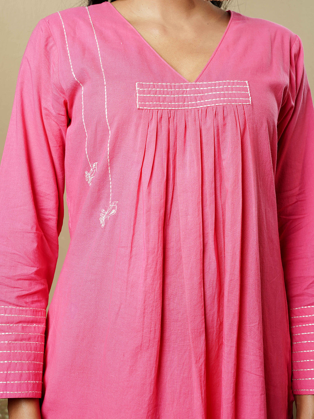 Rose Pink Kantha Embroidered Cotton Kurta Set