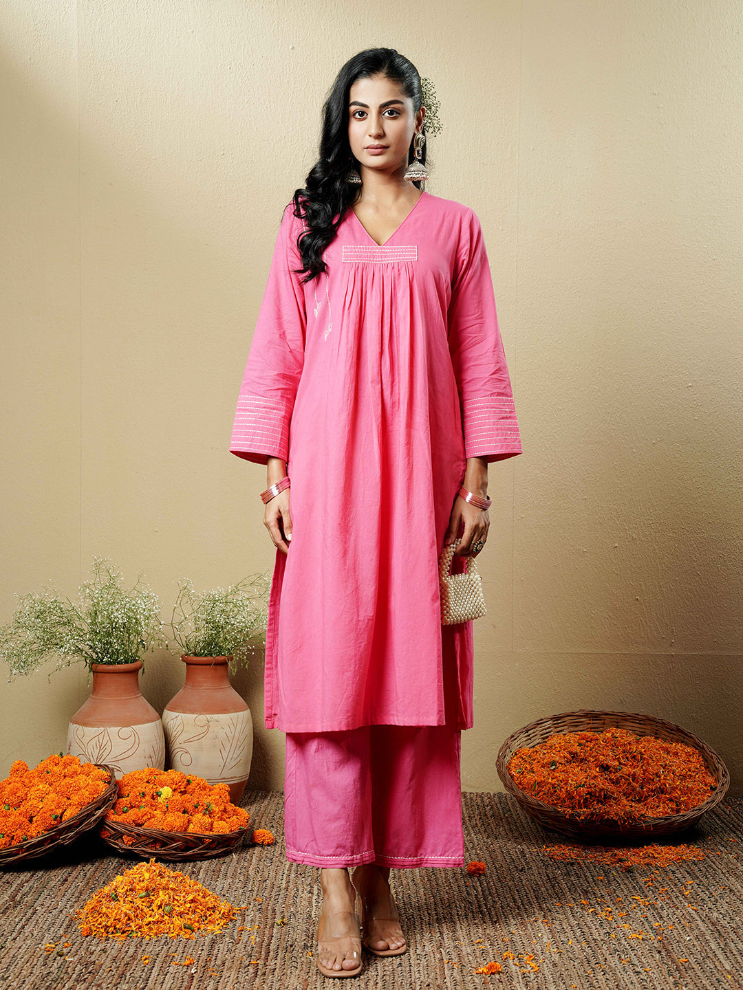 Rose Pink Kantha Embroidered Cotton Kurta Set
