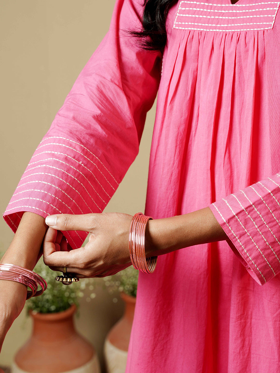 Rose Pink Kantha Embroidered Cotton Kurta Set