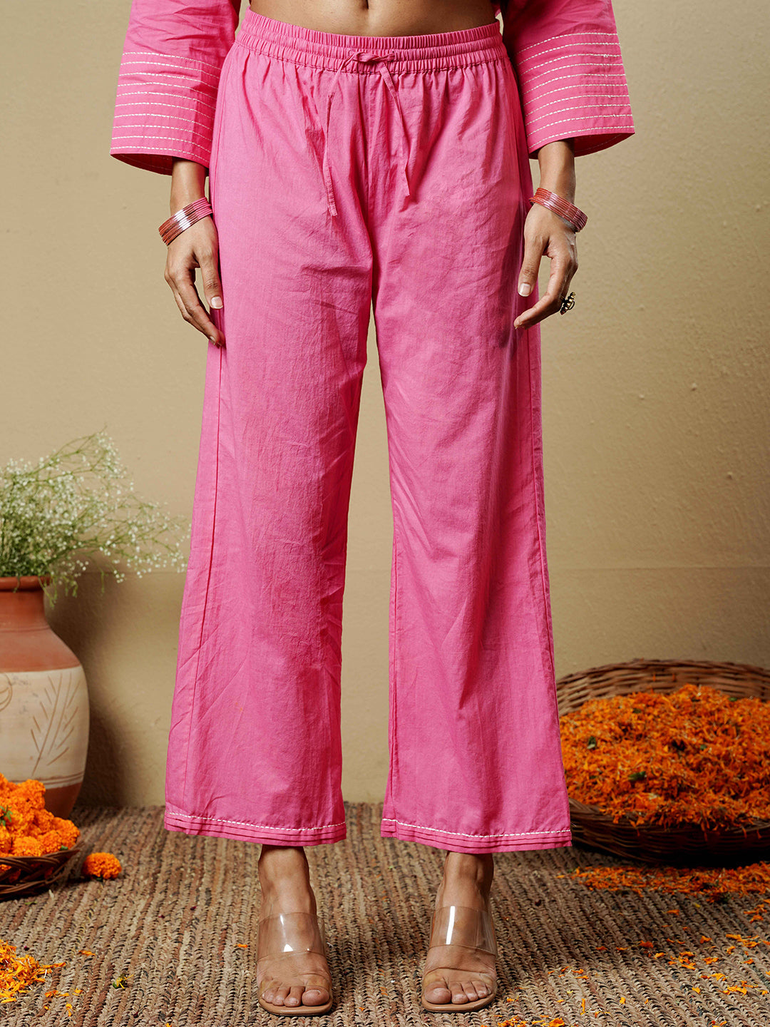 Rose Pink Kantha Embroidered Cotton Kurta Set