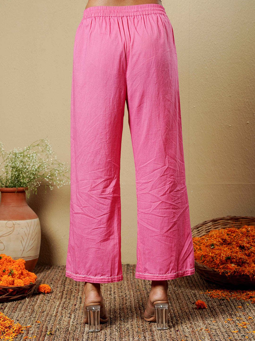 Rose Pink Kantha Embroidered Cotton Kurta Set