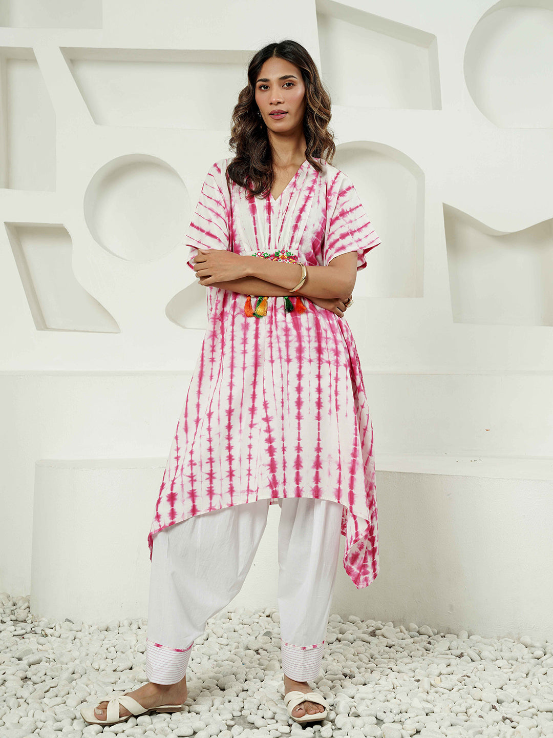 Fuchsia Lehriya Print Kaftan Cotton Kurta Set