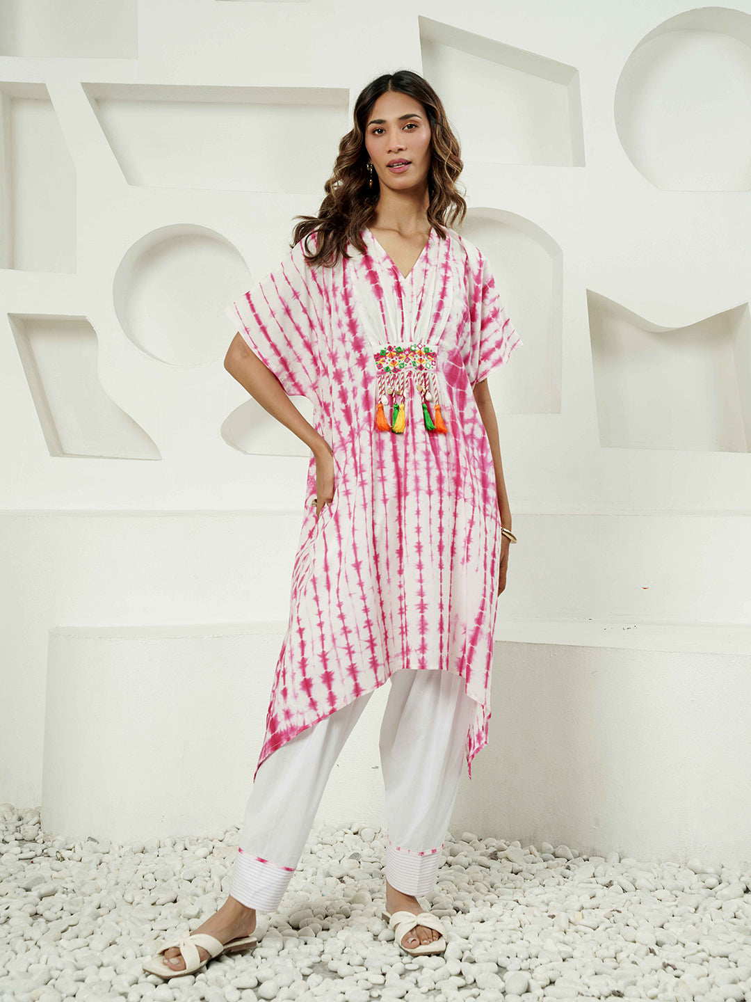Fuchsia Lehriya Print Kaftan Cotton Kurta Set