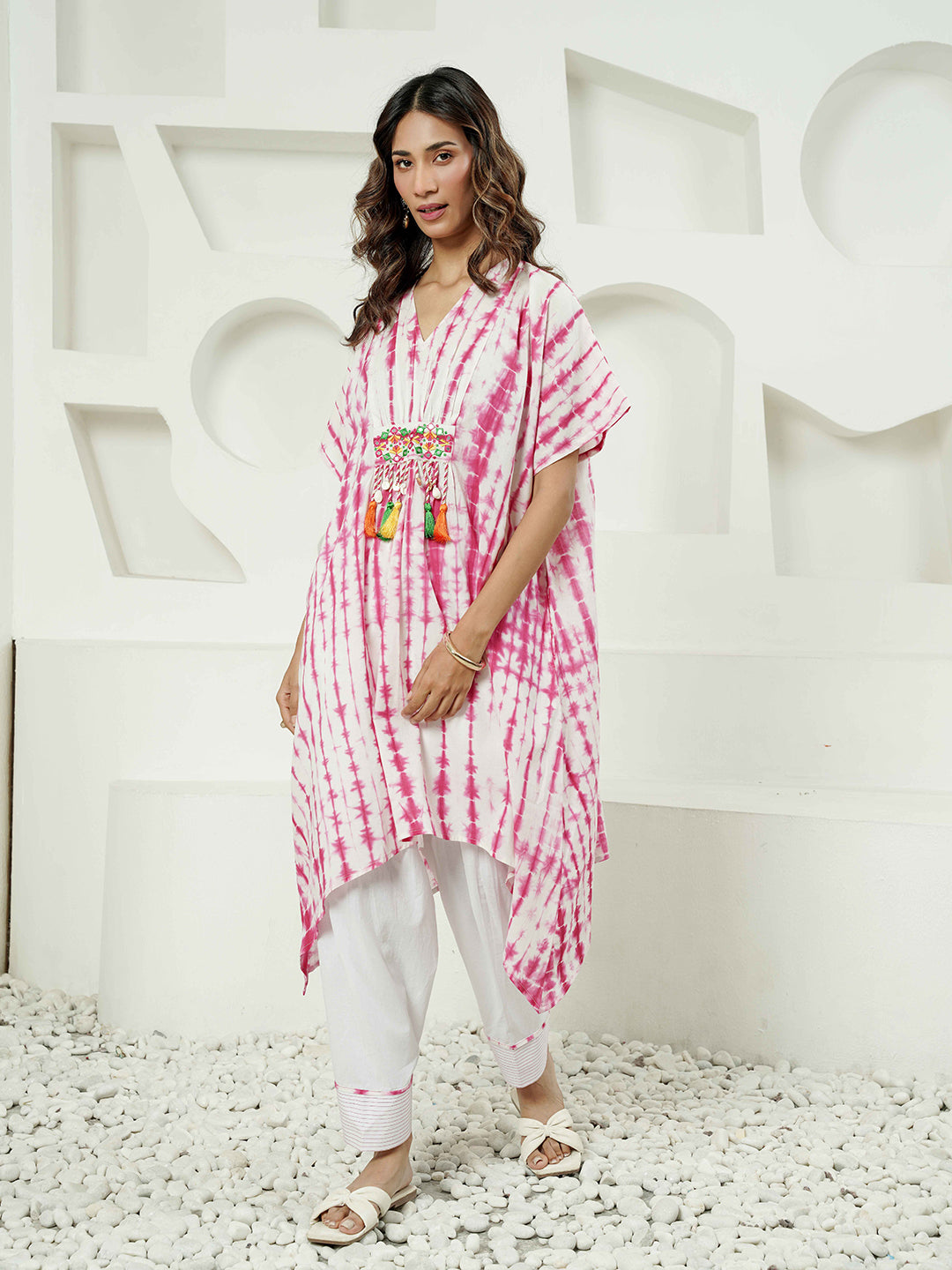 Fuchsia Lehriya Print Kaftan Cotton Kurta Set
