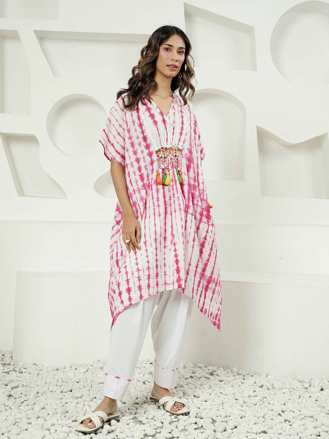 Fuchsia Lehriya Print Kaftan Cotton Kurta Set