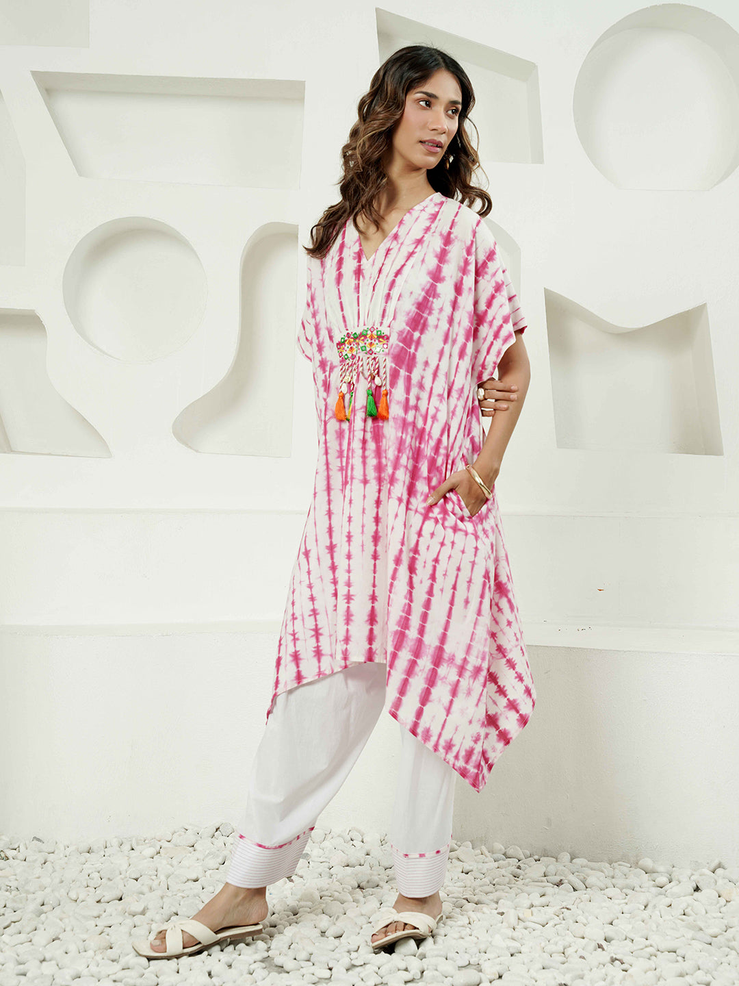 Fuchsia Lehriya Print Kaftan Cotton Kurta Set