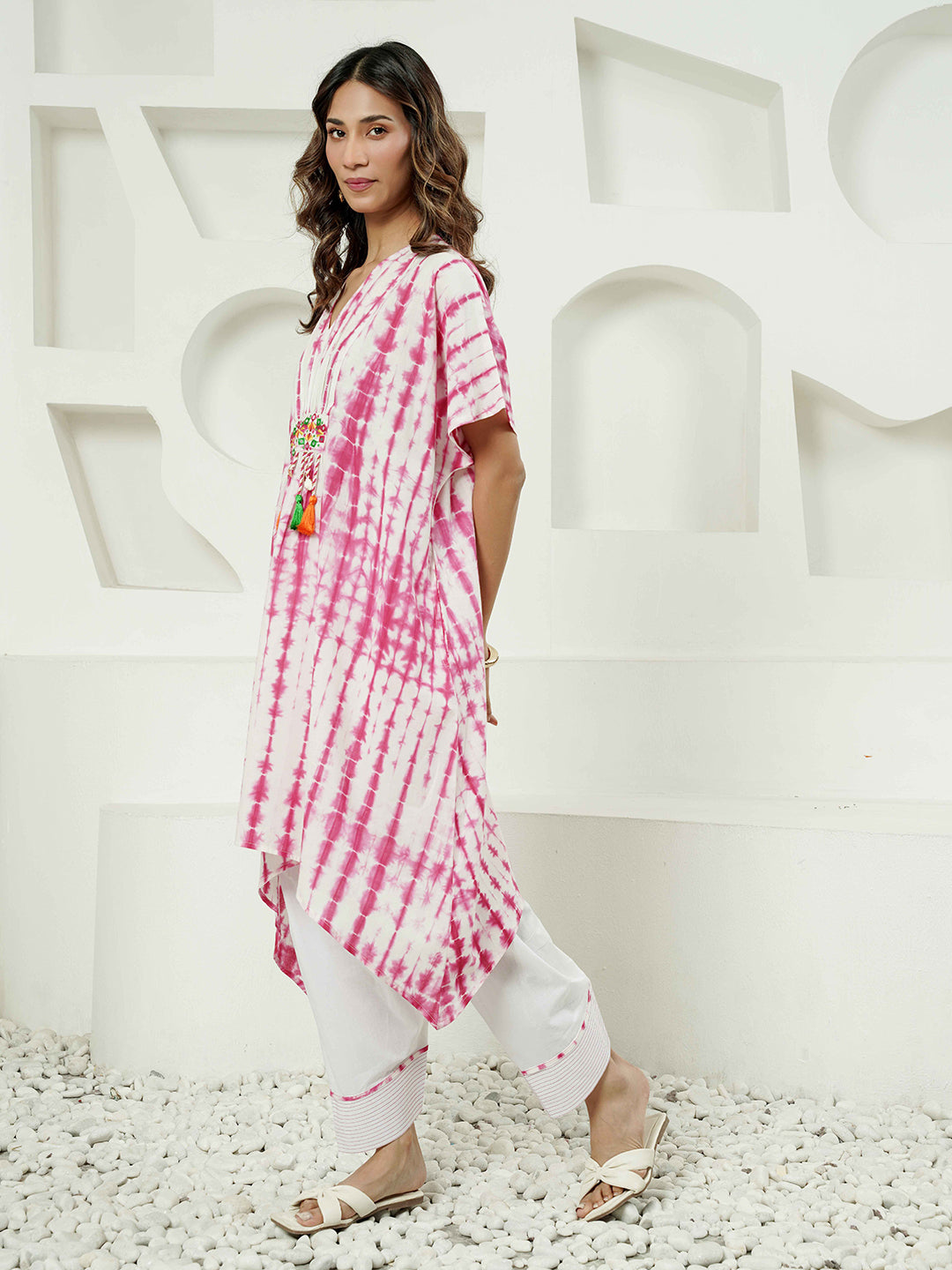 Fuchsia Lehriya Print Kaftan Cotton Kurta Set