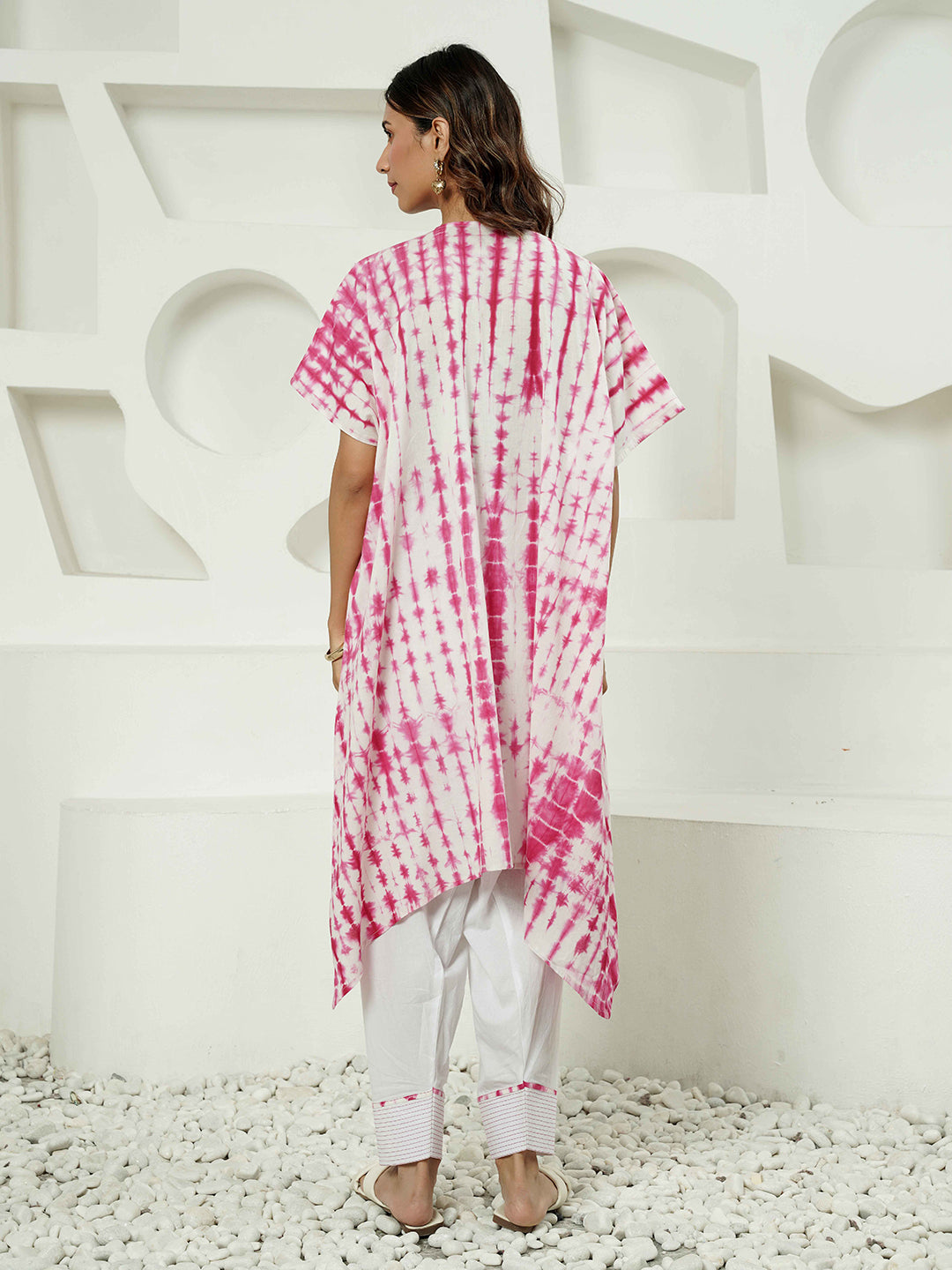 Fuchsia Lehriya Print Kaftan Cotton Kurta Set