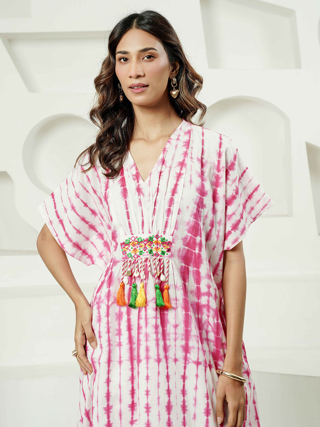 Fuchsia Lehriya Print Kaftan Cotton Kurta Set