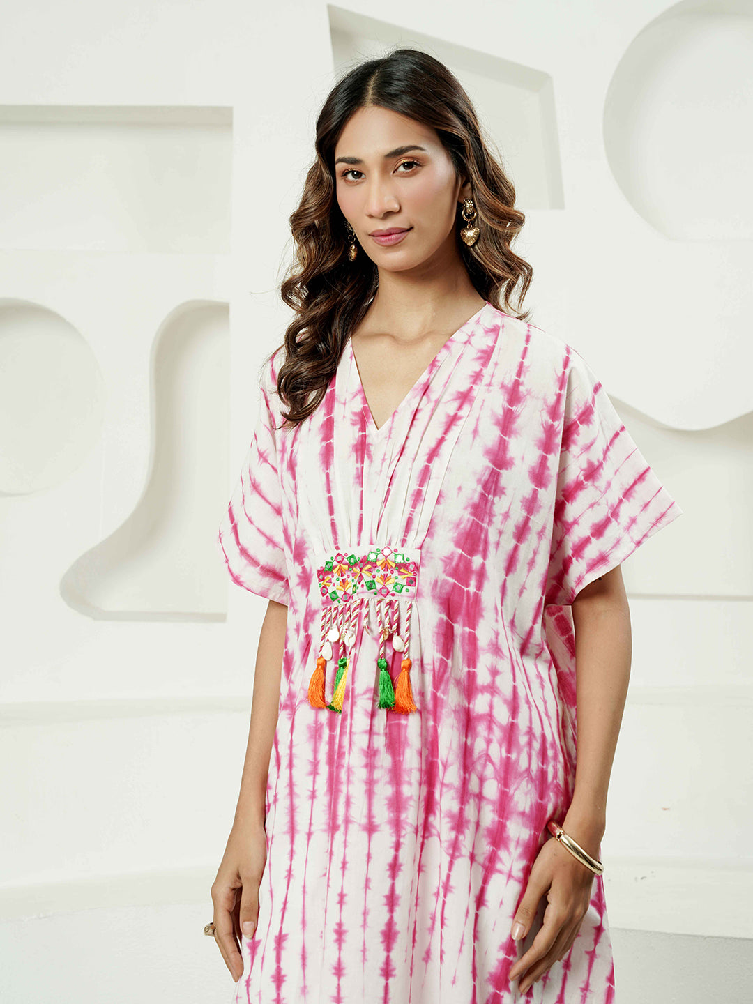 Fuchsia Lehriya Print Kaftan Cotton Kurta Set