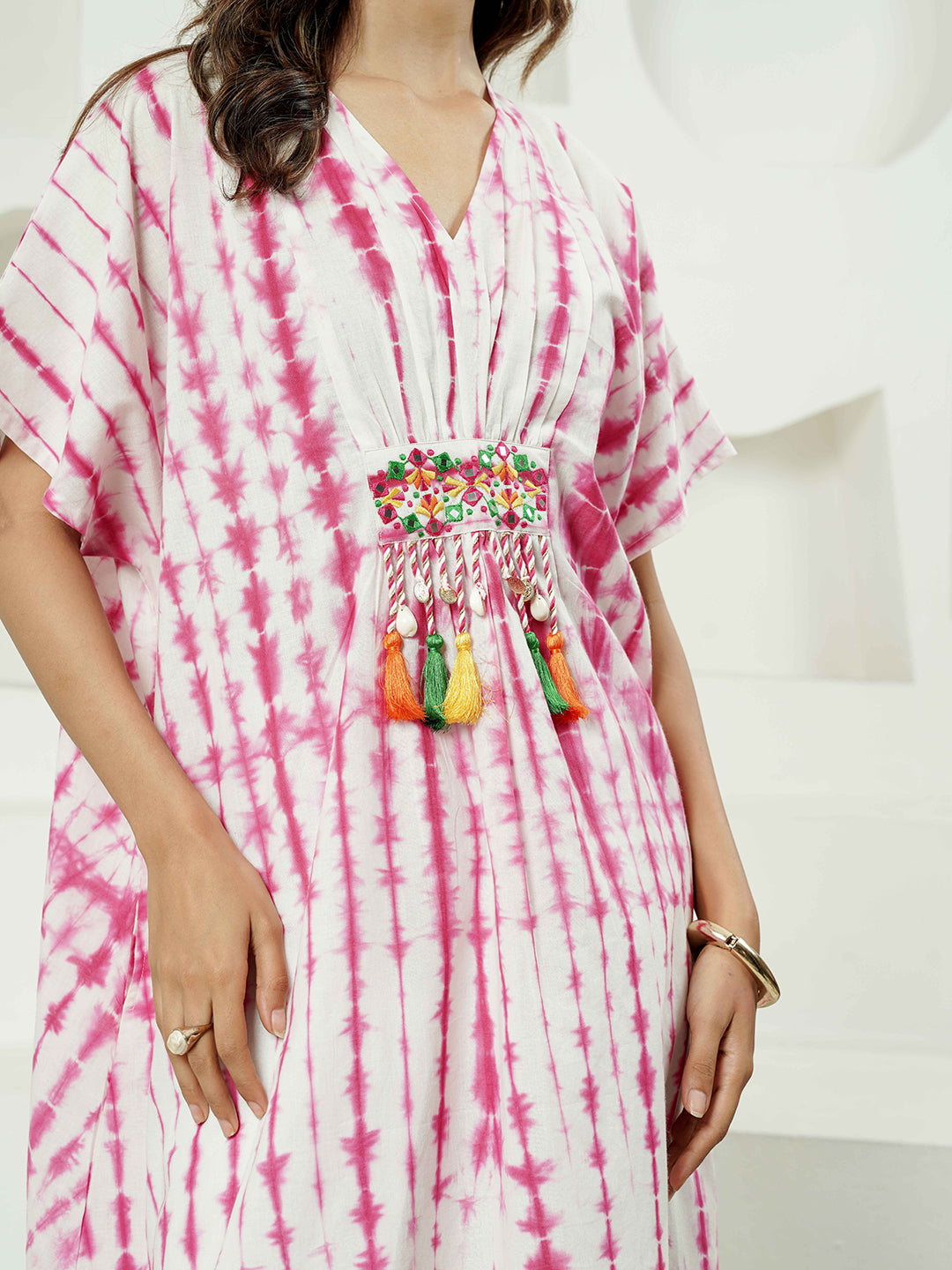 Fuchsia Lehriya Print Kaftan Cotton Kurta Set