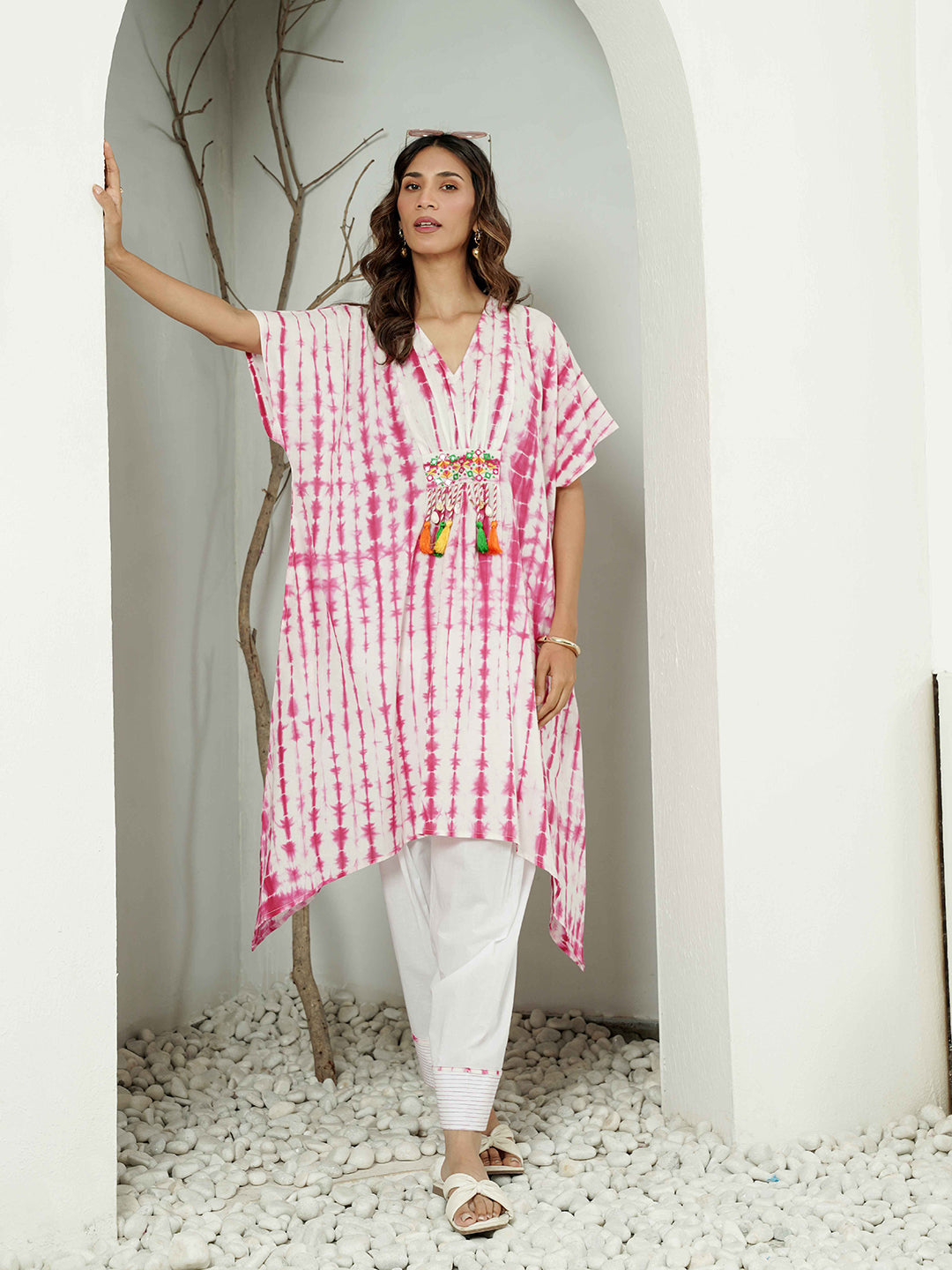 Fuchsia Lehriya Print Kaftan Cotton Kurta Set