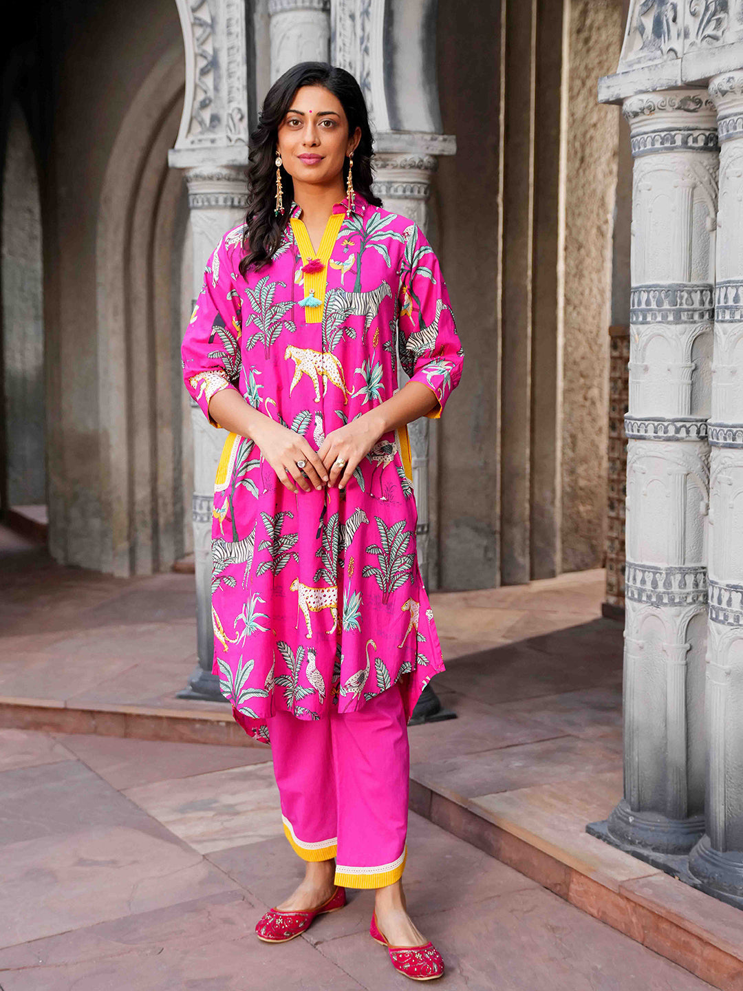 Vibrant Pink Botanical Printed Cotton Kurta Set