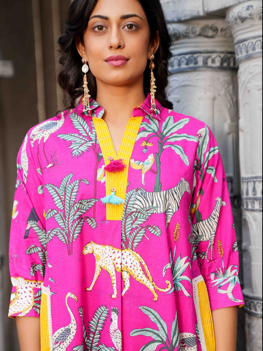 Vibrant Pink Botanical Printed Cotton Kurta Set
