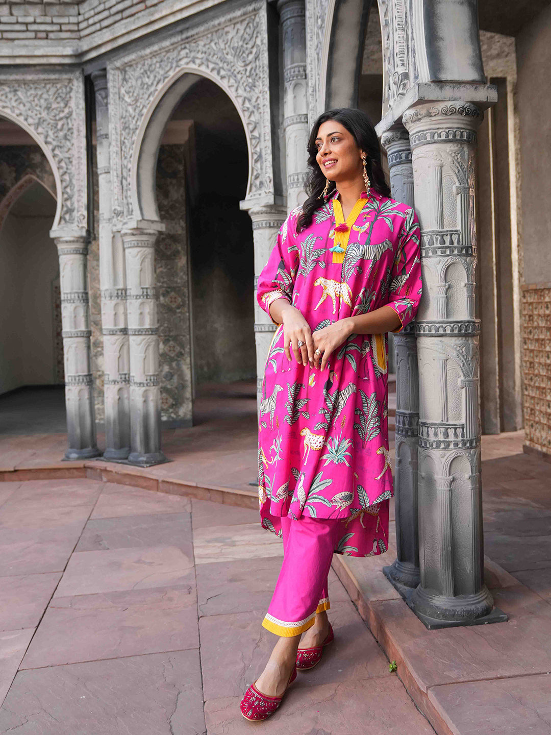 Vibrant Pink Botanical Printed Cotton Kurta Set