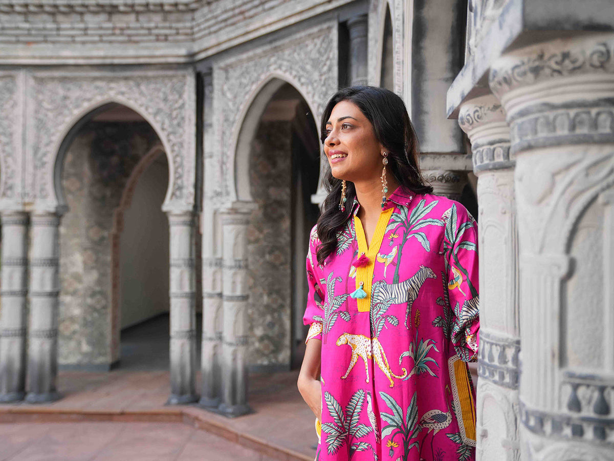Vibrant Pink Botanical Printed Cotton Kurta Set