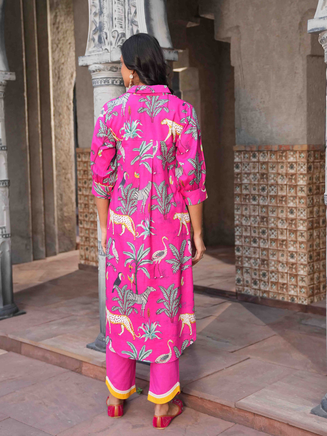 Vibrant Pink Botanical Printed Cotton Kurta Set