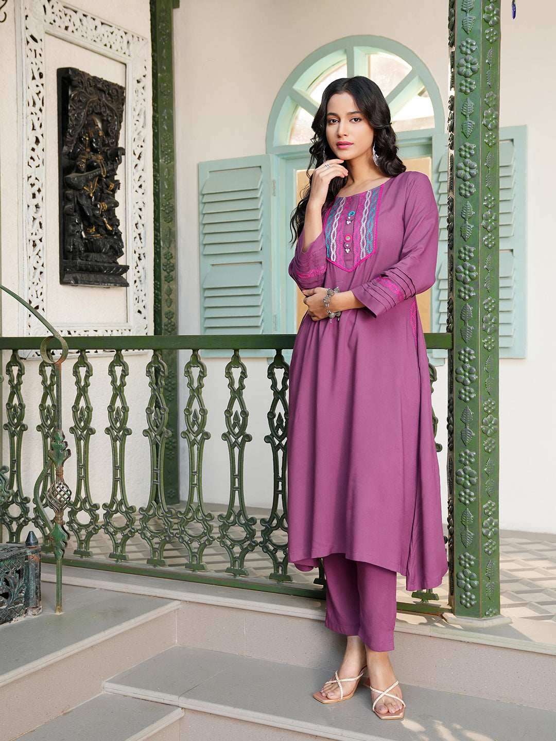 Plum Rayon Embroidered Yoke Kurta Set