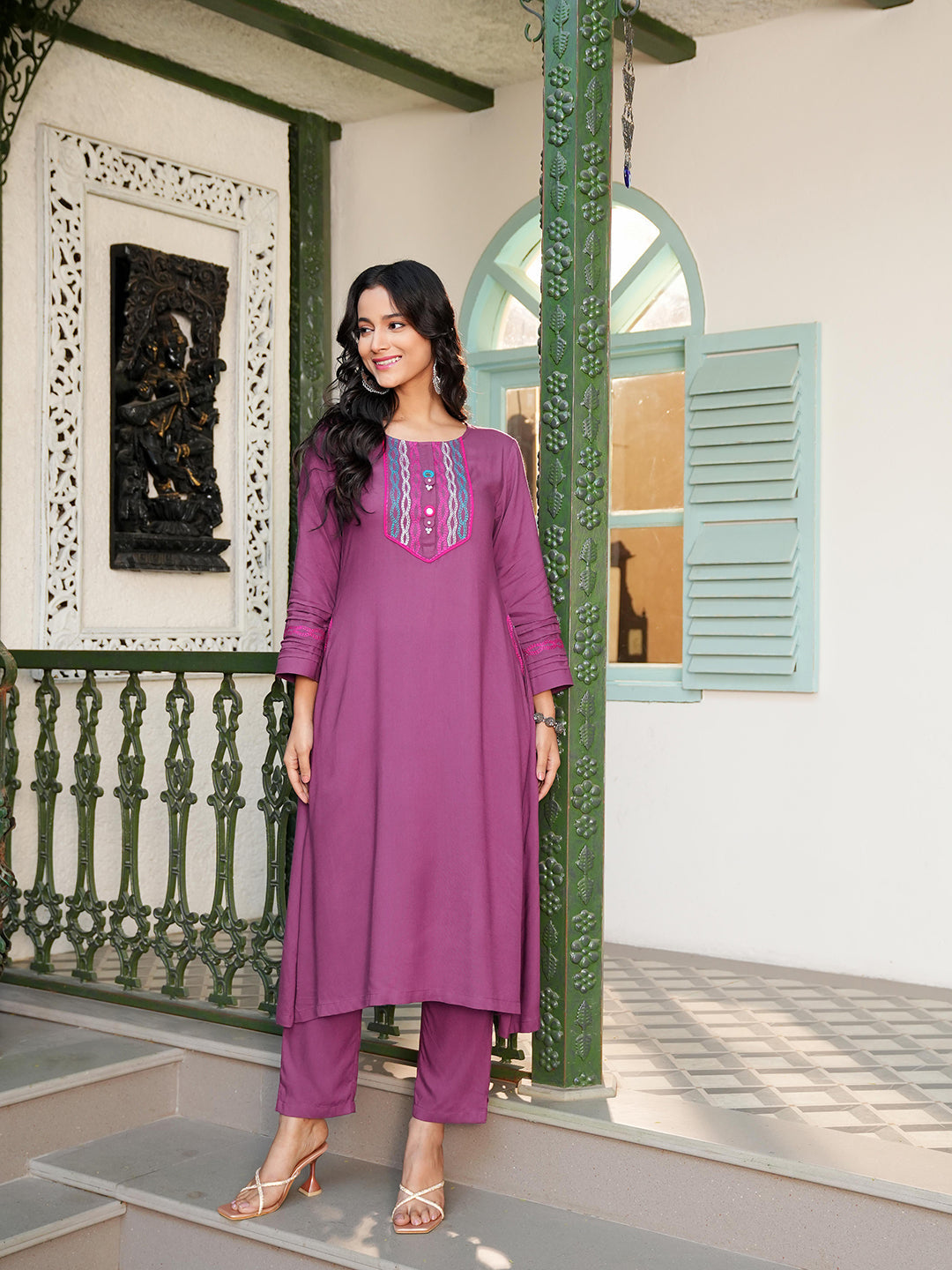 Plum Rayon Embroidered Yoke Kurta Set