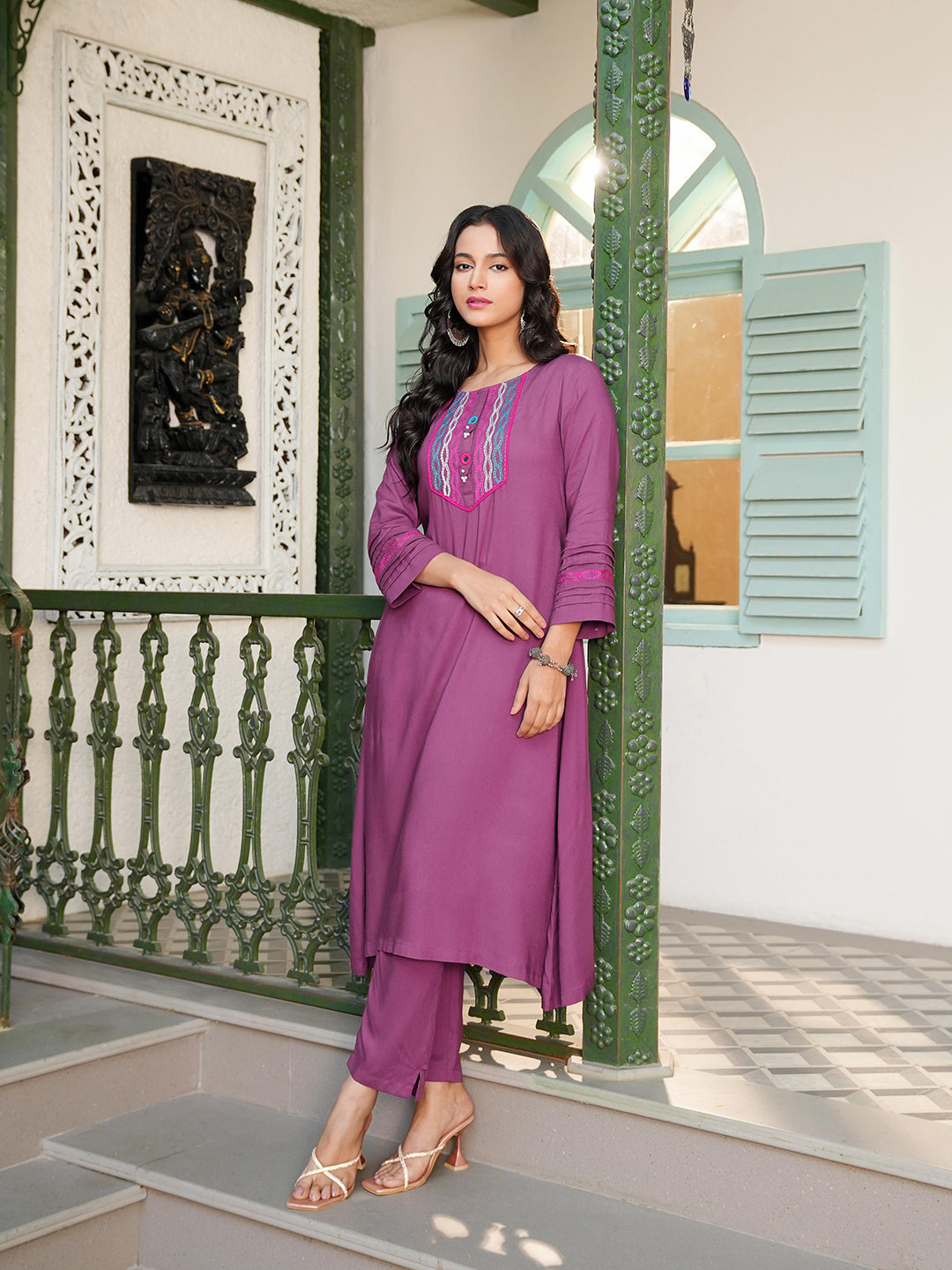 Plum Rayon Embroidered Yoke Kurta Set