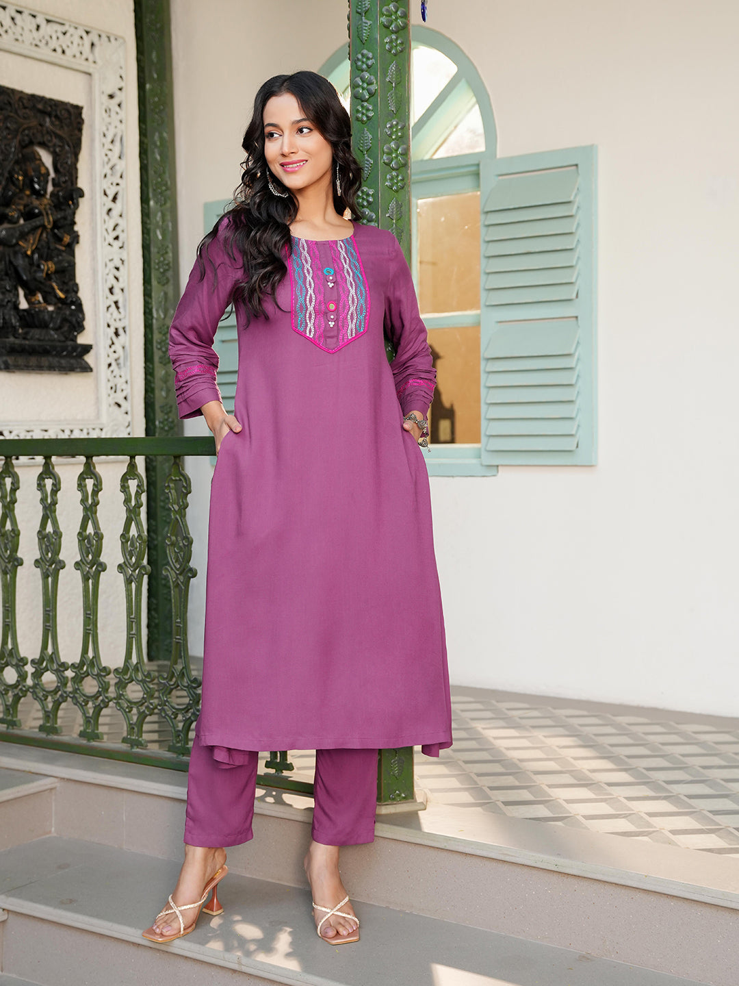 Plum Rayon Embroidered Yoke Kurta Set