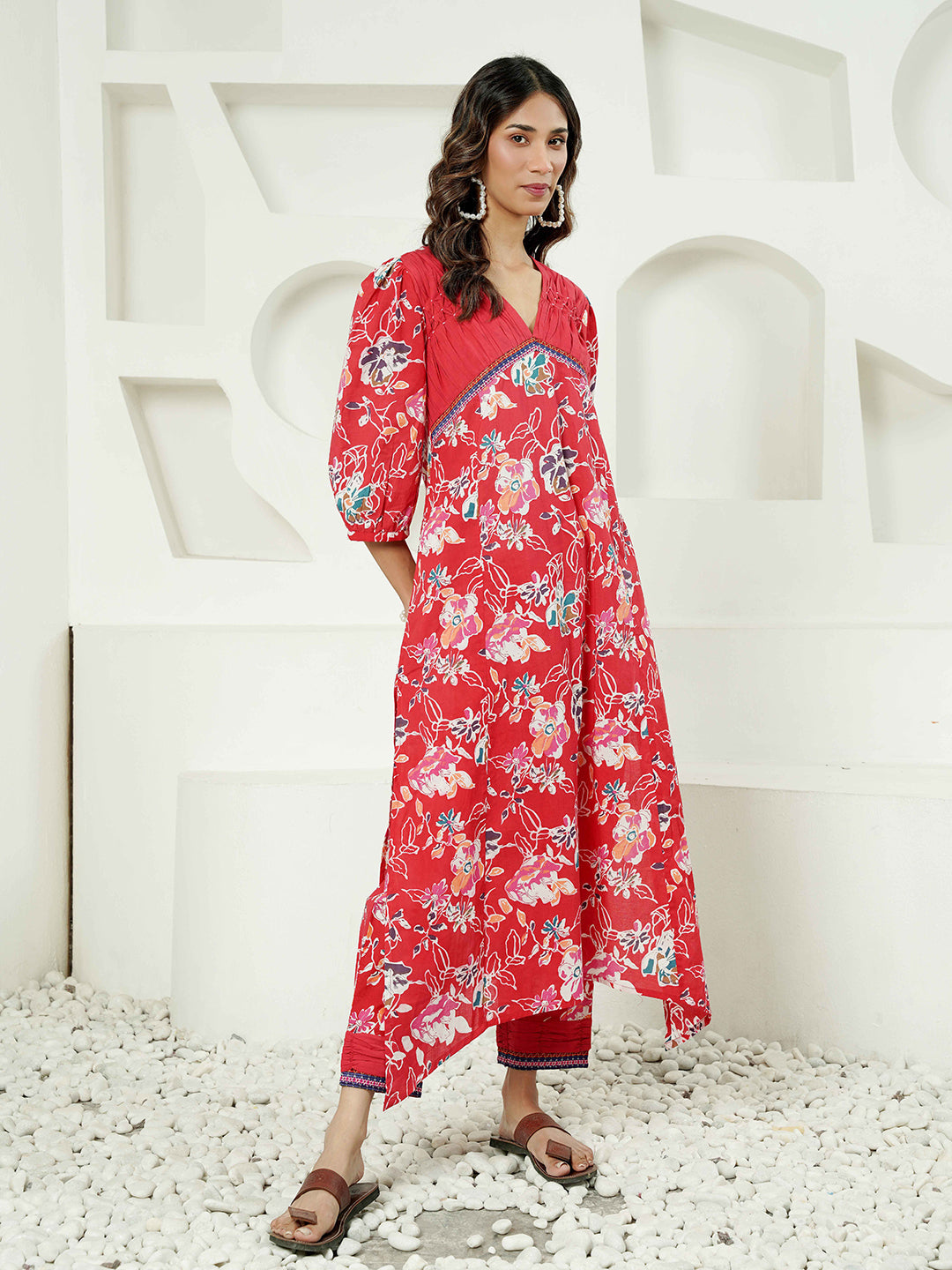 Red Floral Motif Printed Cotton Kurta Set