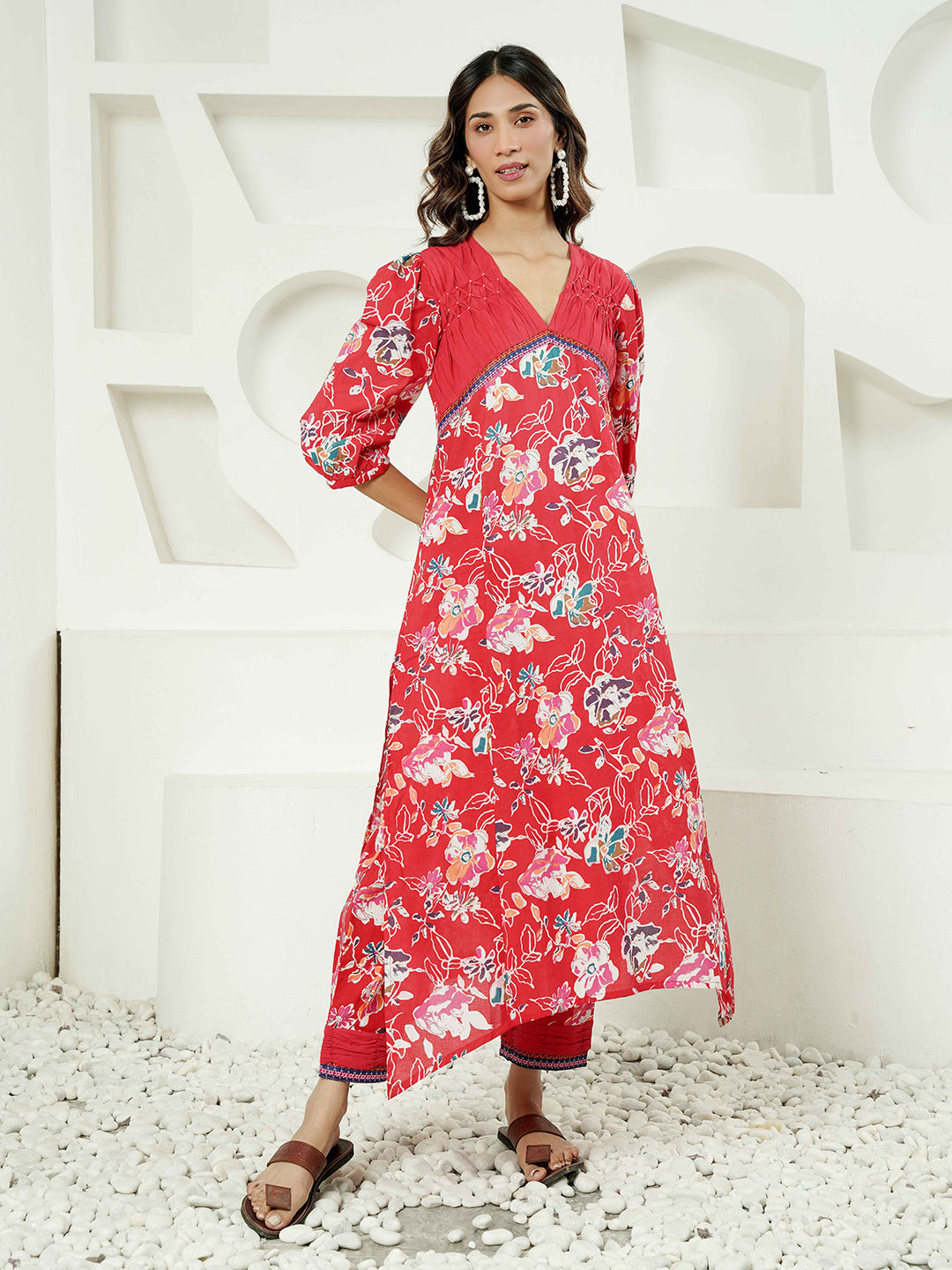 Red Floral Motif Printed Cotton Kurta Set