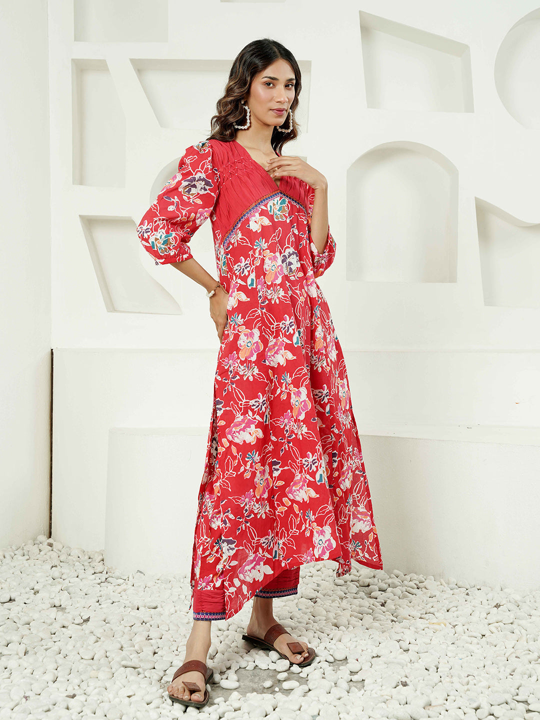 Red Floral Motif Printed Cotton Kurta
