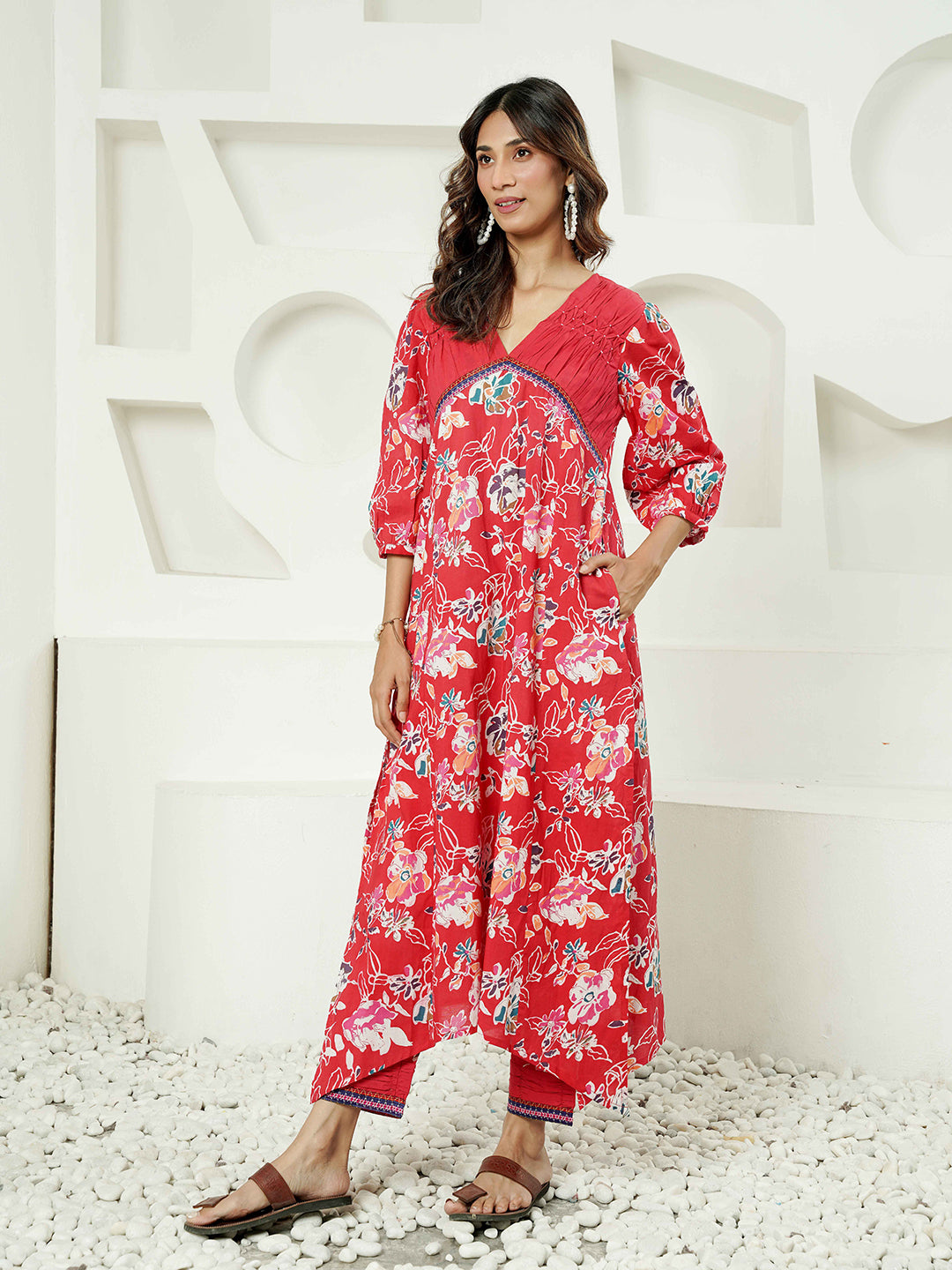 Red Floral Motif Printed Cotton Kurta