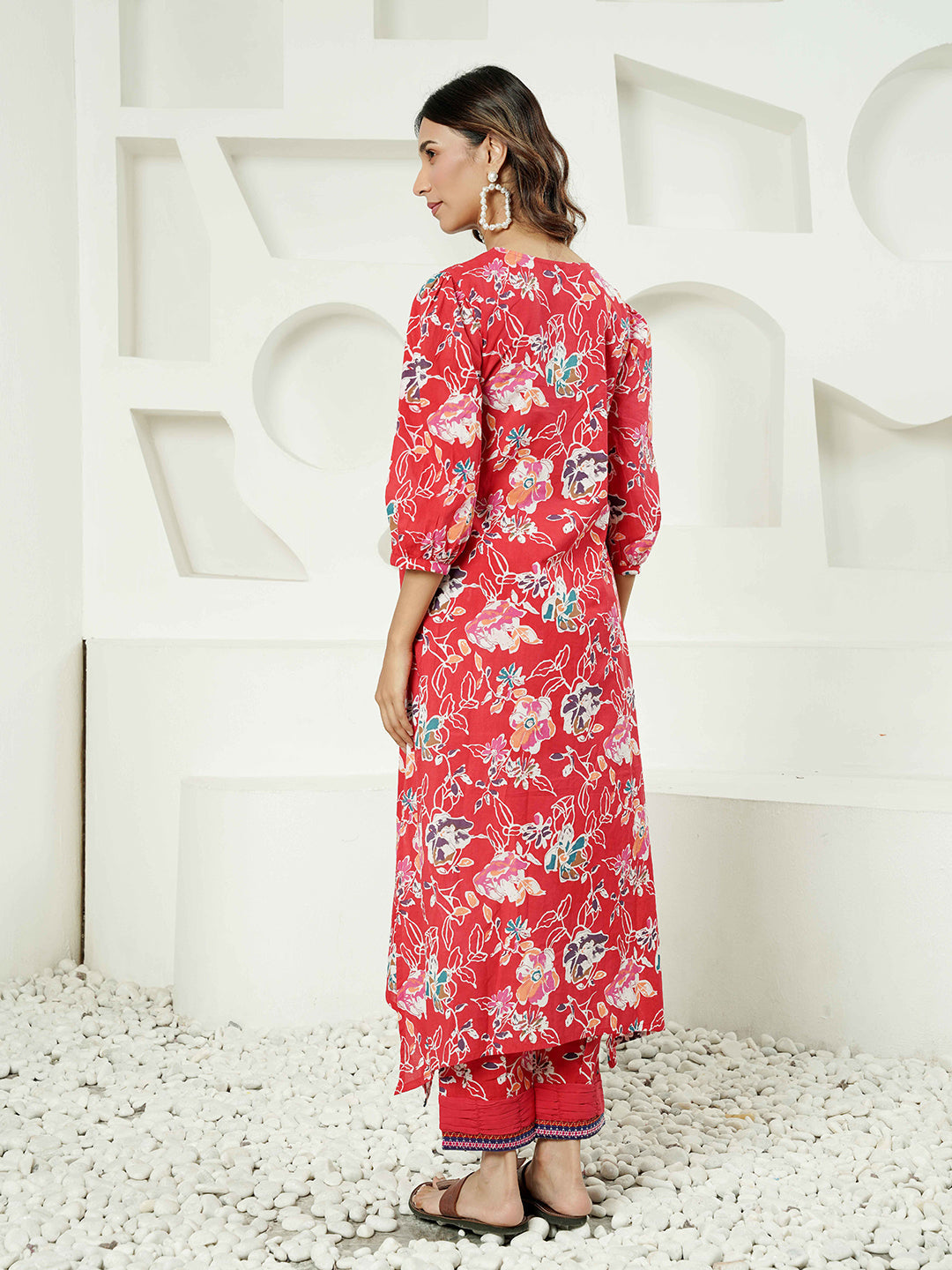 Red Floral Motif Printed Cotton Kurta Set